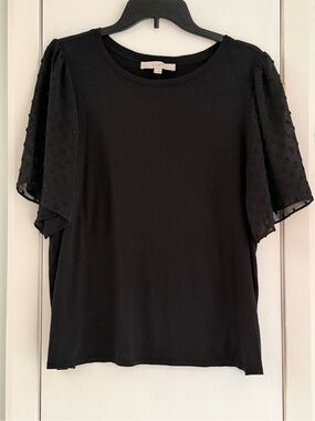 LOFT Black Short-Sleeve Top with Dotted Sheer Sleeves